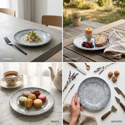 A four-panel collage showing a speckled ceramic plate in different real-world settings: dining on a concrete table, breakfast on a wooden outdoor table, tea and macarons on a marble surface, and the plate held by a hand on a white tabletop with kitchen tools.
