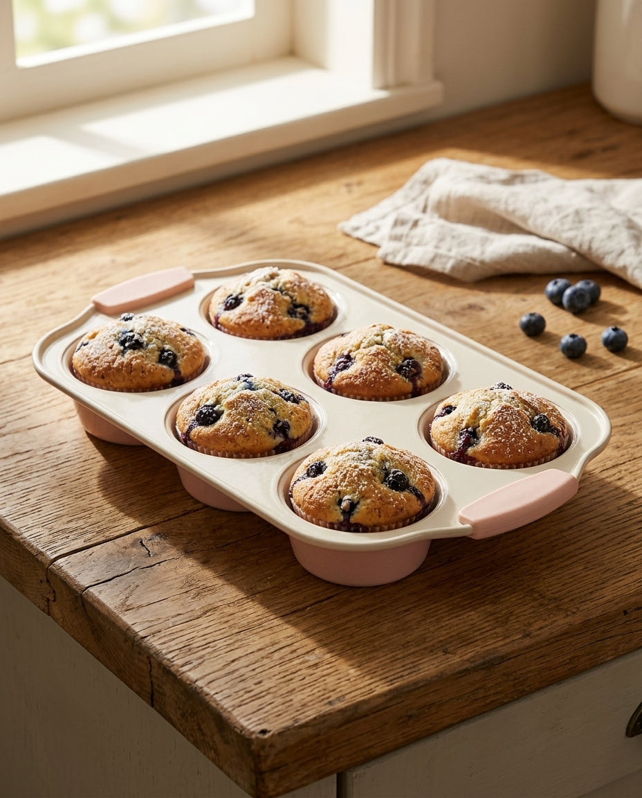 A six-cup silicone muffin tin with pink handles sits on a rustic wooden table near a window, filled with blueberry muffins. A beige cloth and scattered blueberries are visible in the background.