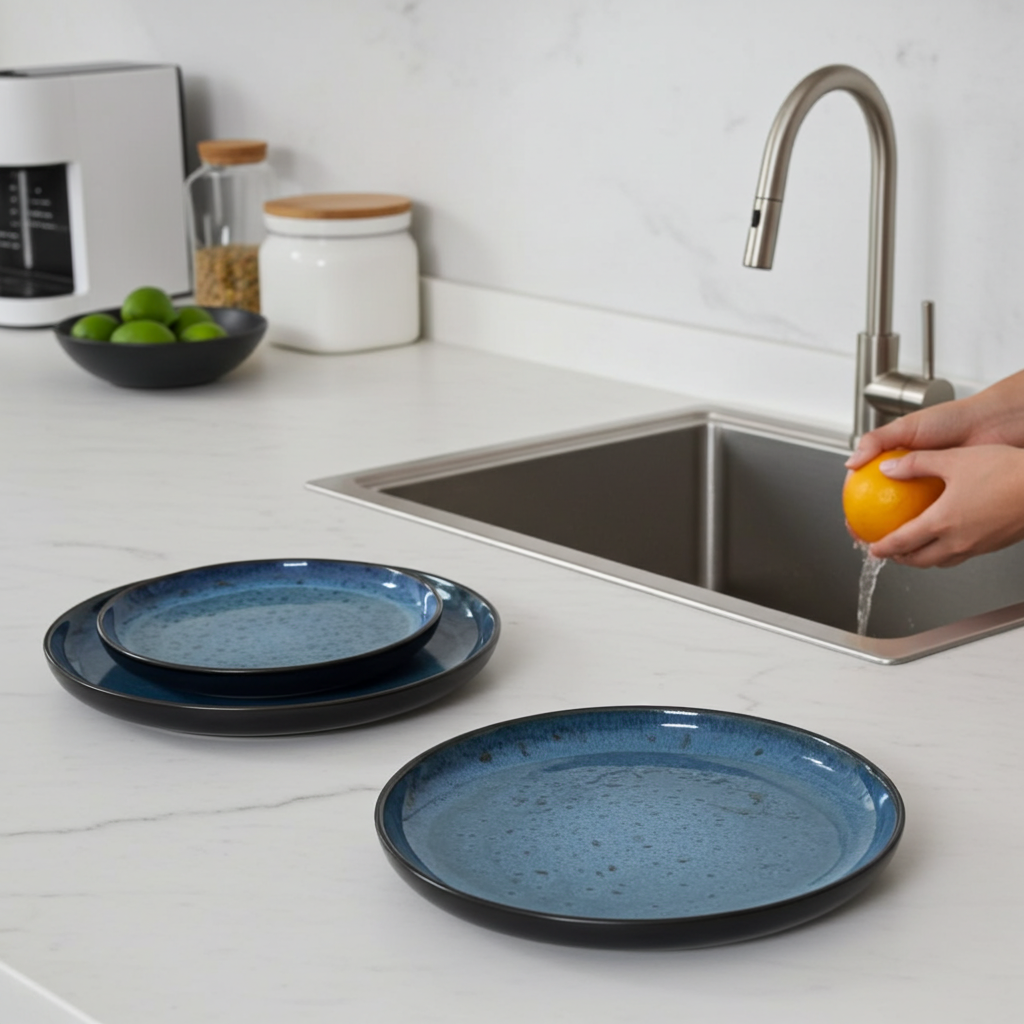 Blue ceramic plates on a kitchen counter with a sink and faucet in the background.