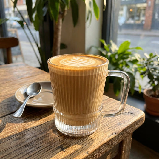Glass mug with a latte on a wooden table with plants in the background