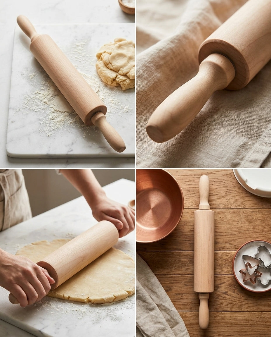 A four-panel collage showing a light natural wood rolling pin in different kitchen settings. The panels include the rolling pin on a marble board with dough, a close-up of the handle on linen, hands rolling out dough on a marble surface, and the rolling pin on a wooden table with a copper bowl and cookie cutter dish.
