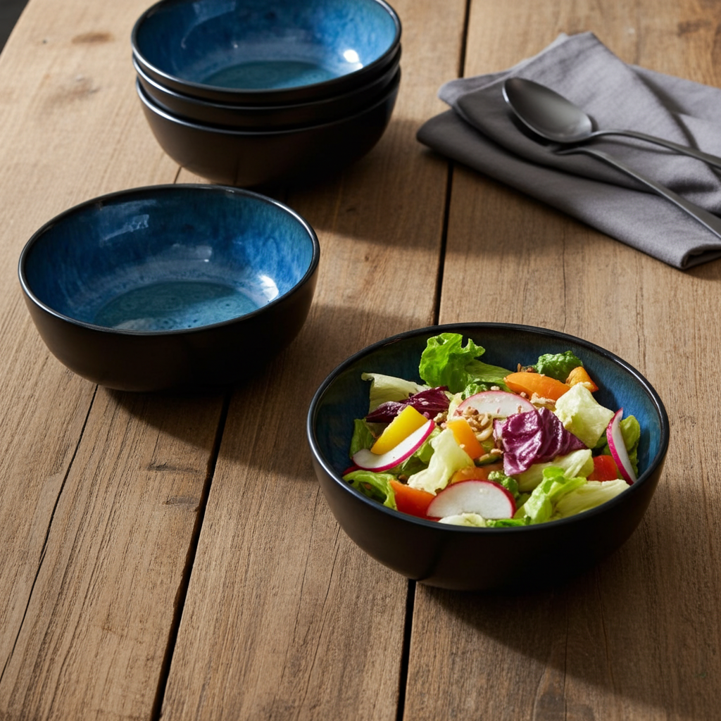 Set of blue ceramic bowls on a wooden table with a salad in one bowl.