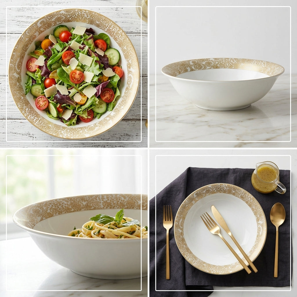 Collage of a salad in a decorative bowl, a plain white bowl, pasta in a white bowl, and table setting with cutlery.