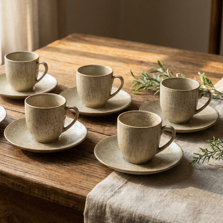 Set of six ceramic cups and saucers on a wooden table with a natural light setting.