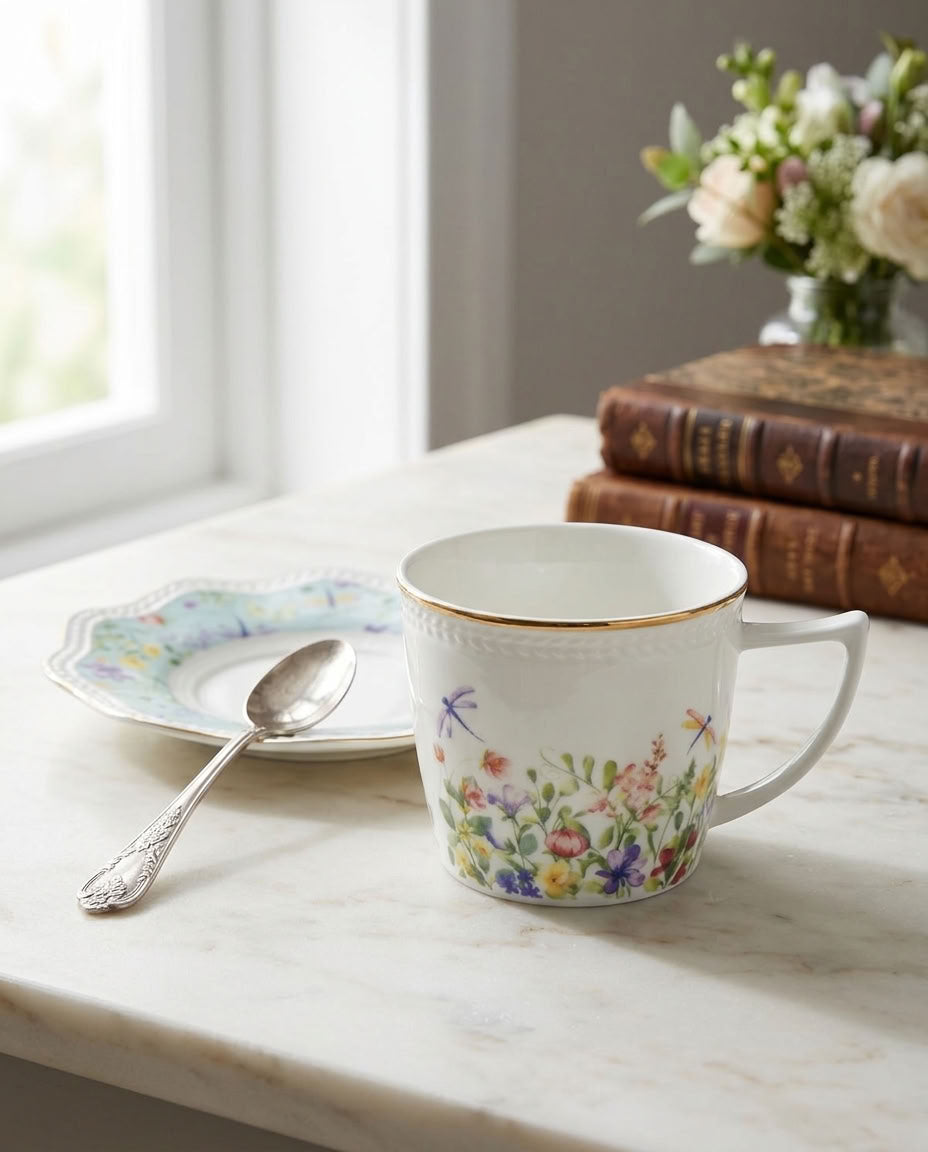 A white ceramic mug with a gold rim and a colorful floral print sits on a marble table next to a matching saucer and spoon, with books and flowers in the background.