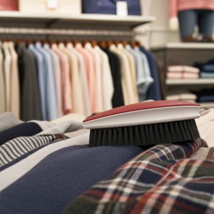 Clothing brush on a pile of folded clothes with a clothing rack and mannequins in the background