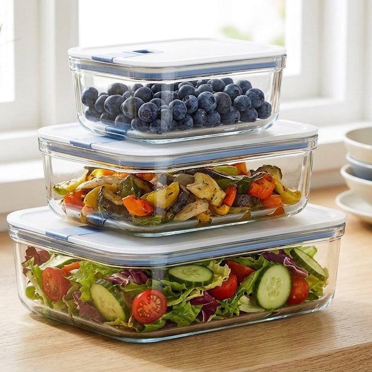 Three stacked clear glass food storage containers with white lids on a wooden countertop, filled with salad, mixed vegetables, and blueberries, with a kitchen window and plants in the background.