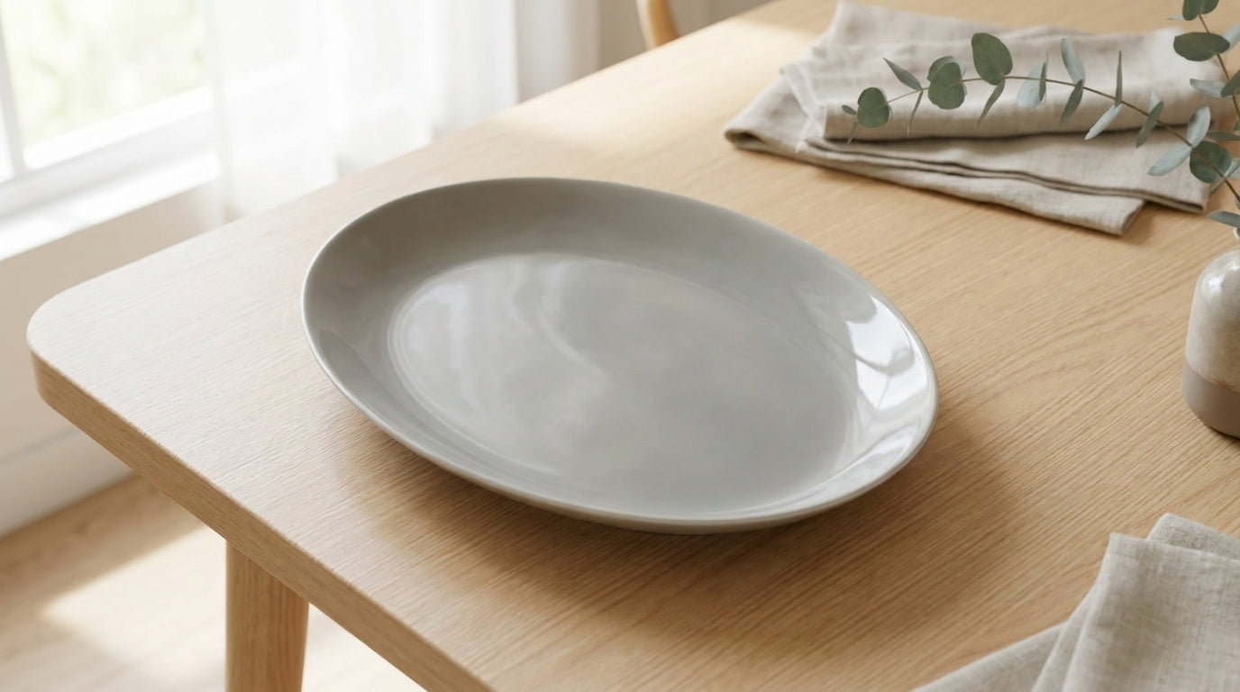 Gray ceramic plate on a wooden table with a light background