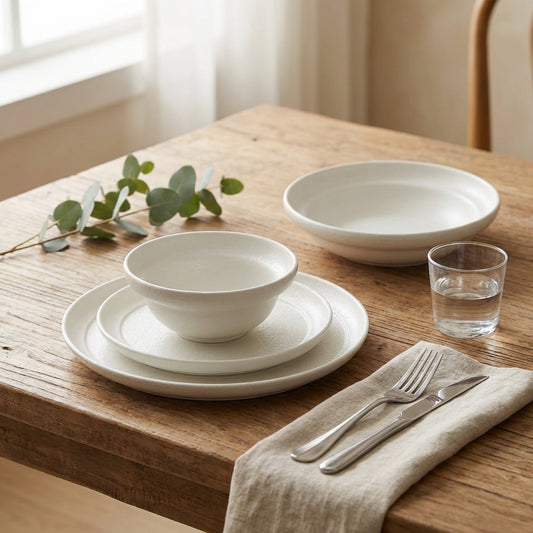 White ceramic tableware set on a wooden table with a glass of water and eucalyptus leaves.