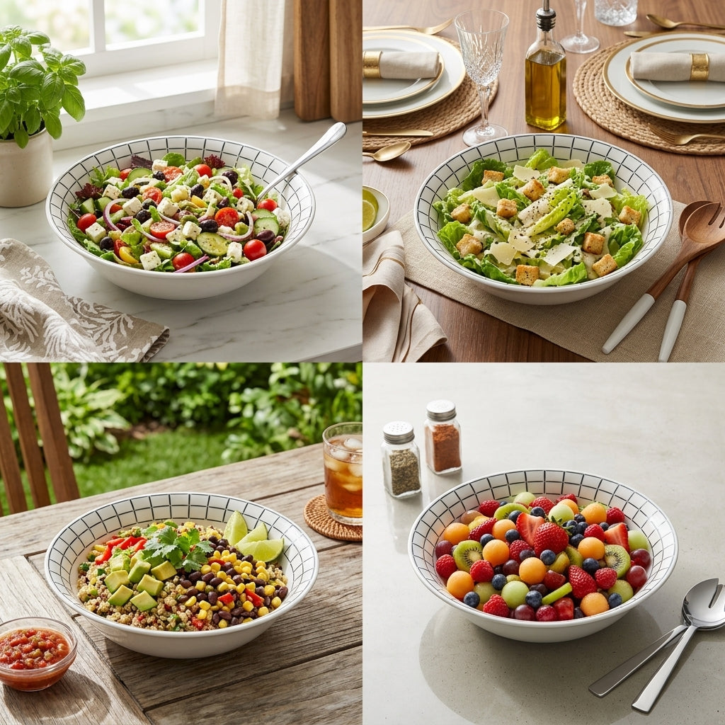 Collage of four images showing different salads in a white bowl on various settings.