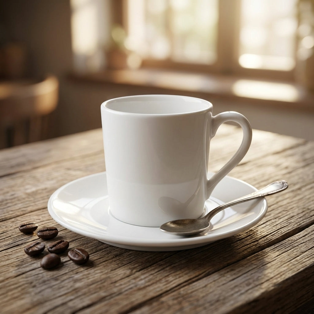 White coffee cup with saucer on a wooden table with coffee beans and a spoon, sunlit window in the background