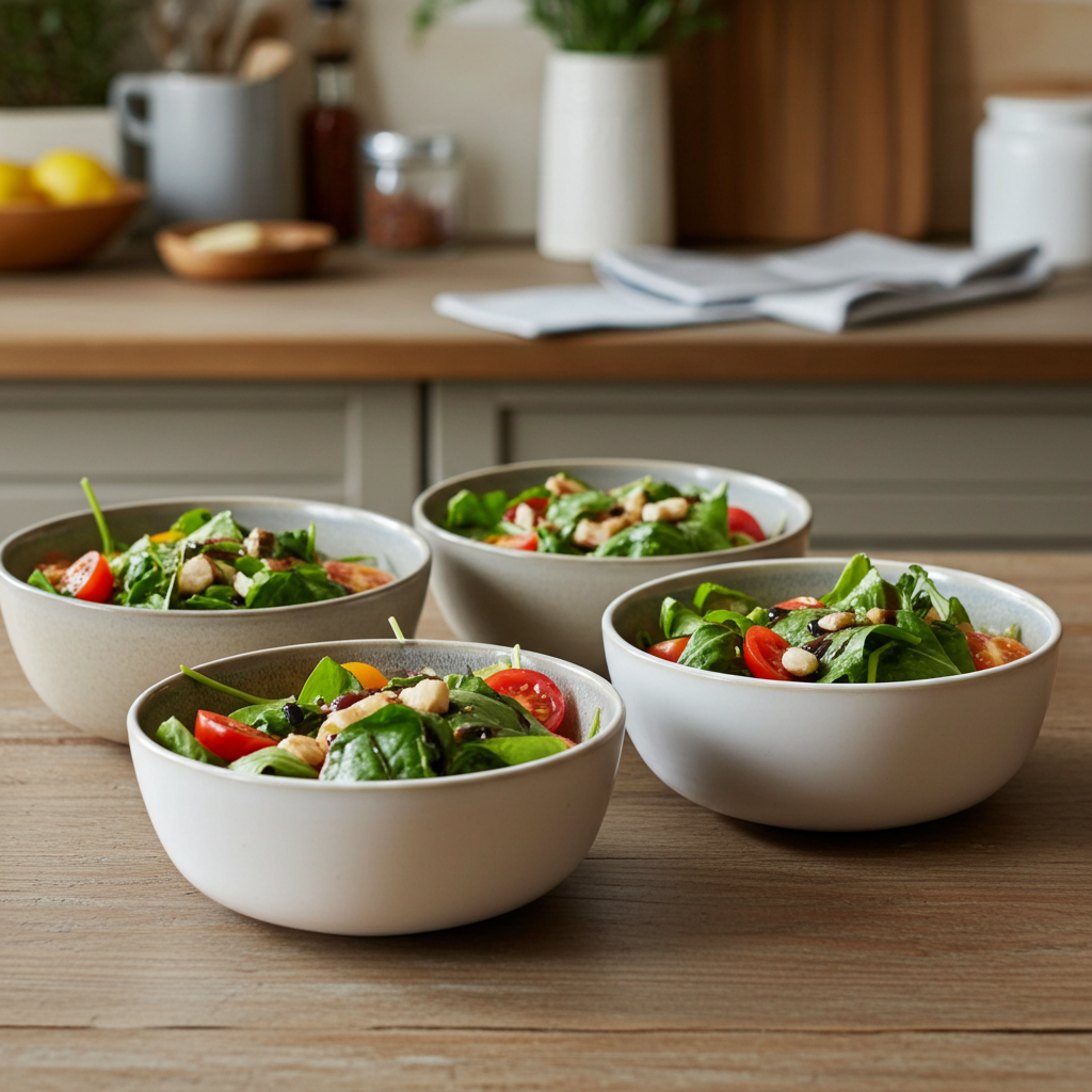 Four white bowls filled with salads on a wooden table in a kitchen setting.