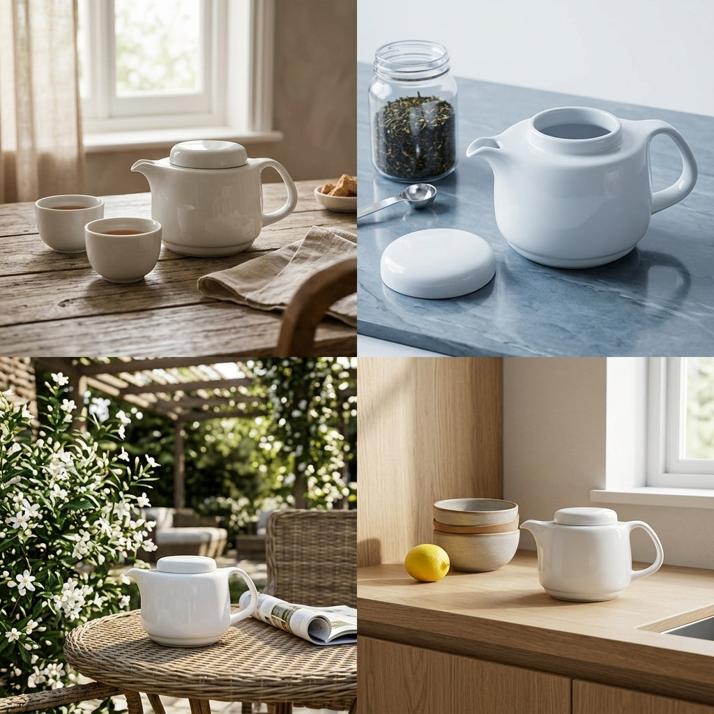 A four-panel collage showing a white ceramic teapot and matching cups in different real-world settings: on a wooden table by a window, on a blue stone surface with a tea jar, outdoors on a patio, and on a light wood countertop with a lemon.