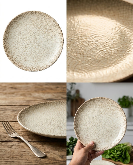 A collage showing a round ceramic plate from multiple angles and in use: a clean top-down view on white, a close-up of the textured glaze, a plated view on a rustic wooden table with a fork, and a hand holding the plate over greens.