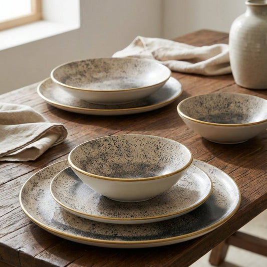 Set of ceramic bowls and plates on a wooden table with a neutral background