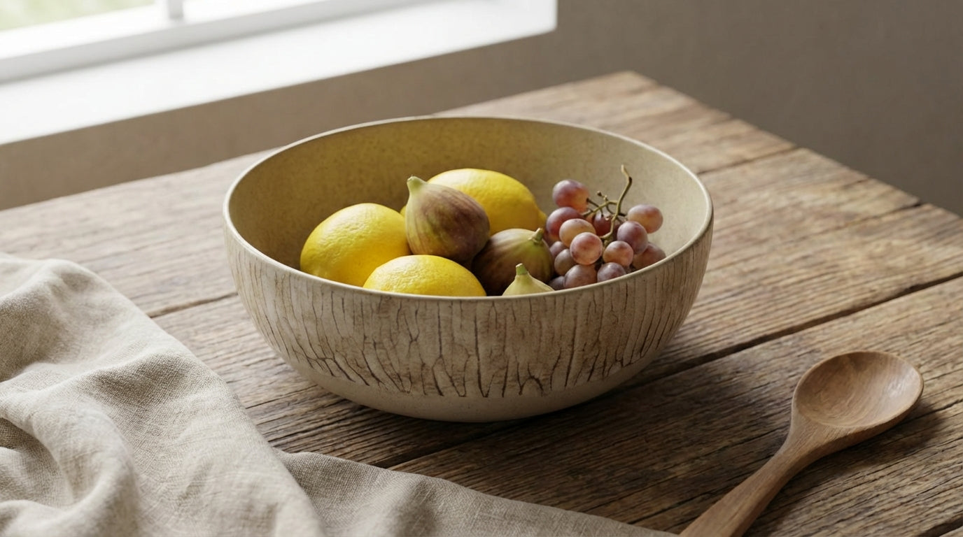 Bowl with fruits on a wooden table with a spoon