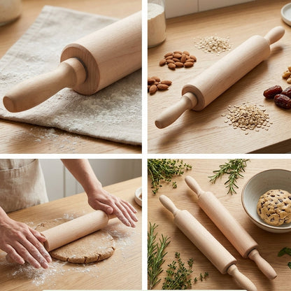A four-panel collage showing a light natural wood rolling pin in baking use on a wooden countertop, with flour, nuts, dates, dough, herbs, and a cookie. Text at the bottom reads ESTIA - The Heart of Home Baking.