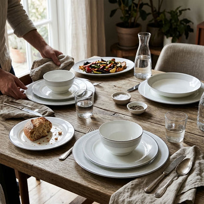 Silverline ceramic dinnerware – serving and dining scene