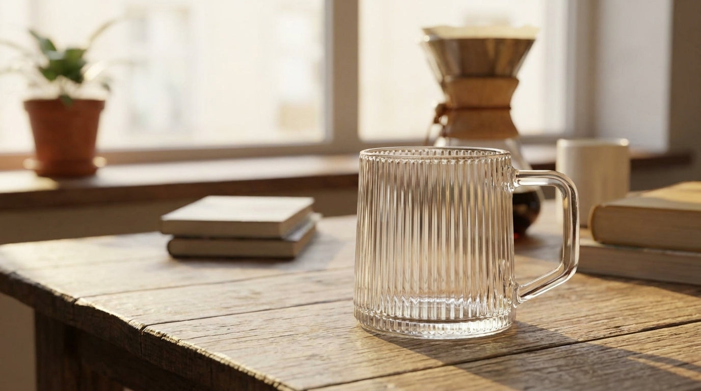 Clear glass mug on a wooden table with a blurred background