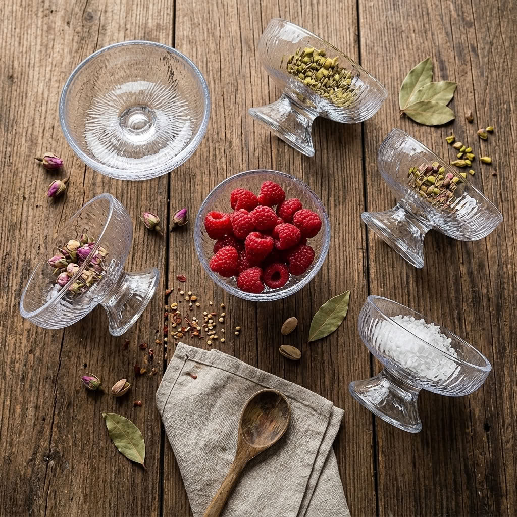 Overhead view of clear textured glass dessert coupes