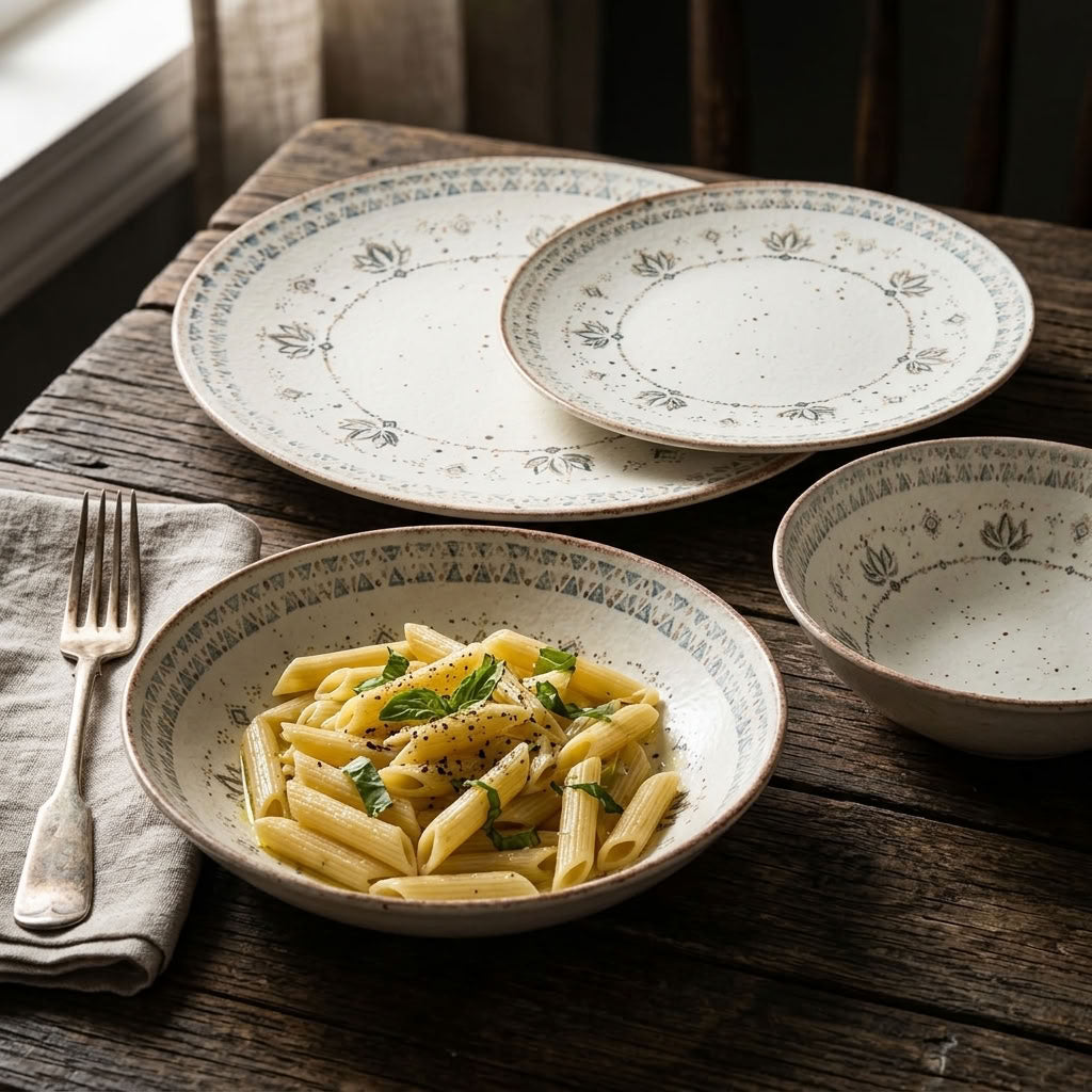 Close-up of Botanical Ivory porcelain dinner plates