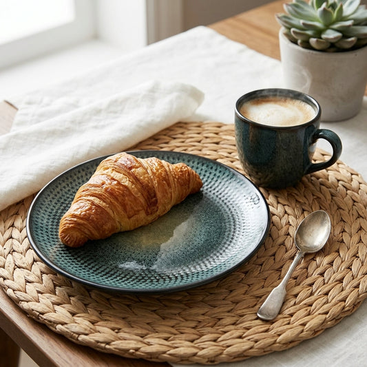 A textured teal ceramic plate with a croissant on it, styled on a woven placemat next to a cup of coffee and a spoon in a bright kitchen setting.