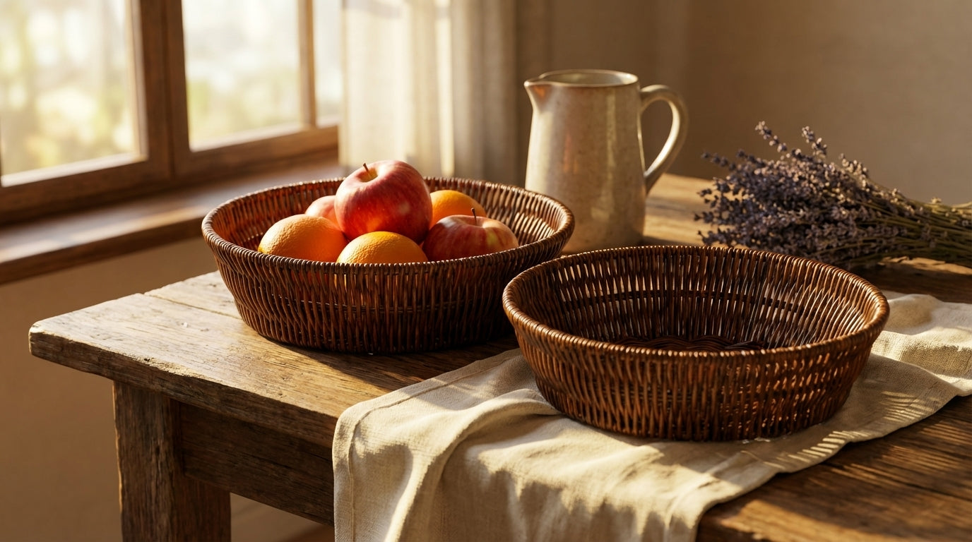 Wicker baskets with fruits on a wooden table near a window