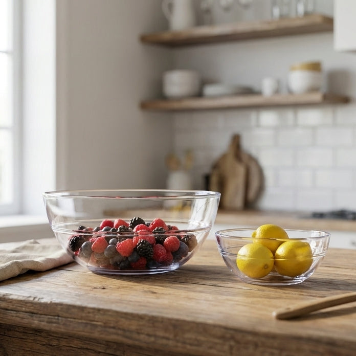 Bowl of berries and lemons on a wooden table in a kitchen.