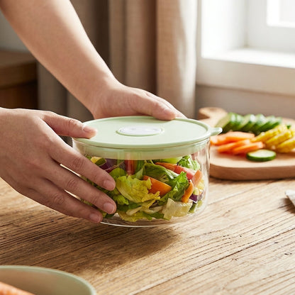 Person holding a container of salad on a wooden table with vegetables in the background