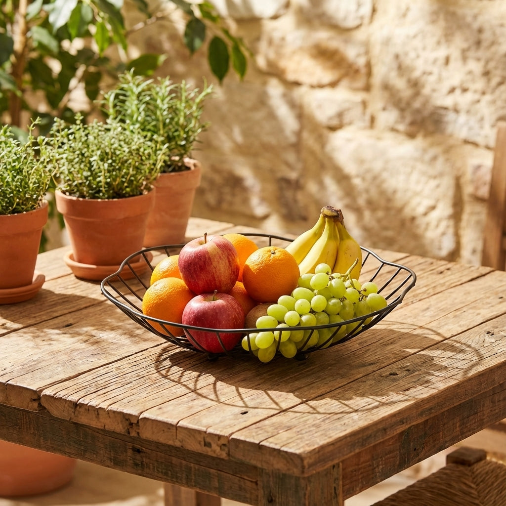 Fruit bowl with apples, oranges, and bananas on a wooden table outdoors.
