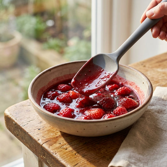 Bowl of red fruit compote with a spoon lifting a scoop, on a wooden surface.
