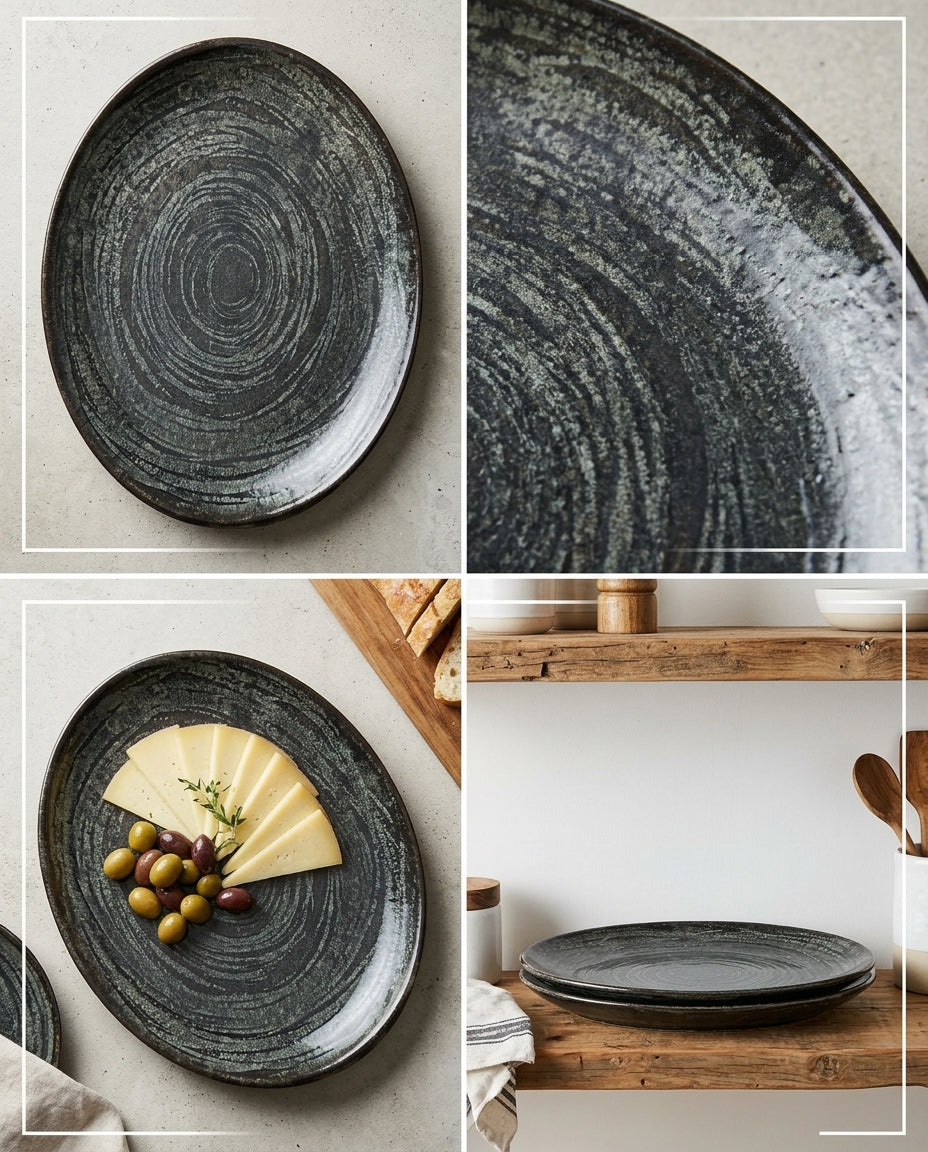 A collage showing a dark charcoal gray oval ceramic plate from multiple angles, including a close-up of the textured glaze and a styled dining scene with cheese, olives, and wooden shelving.