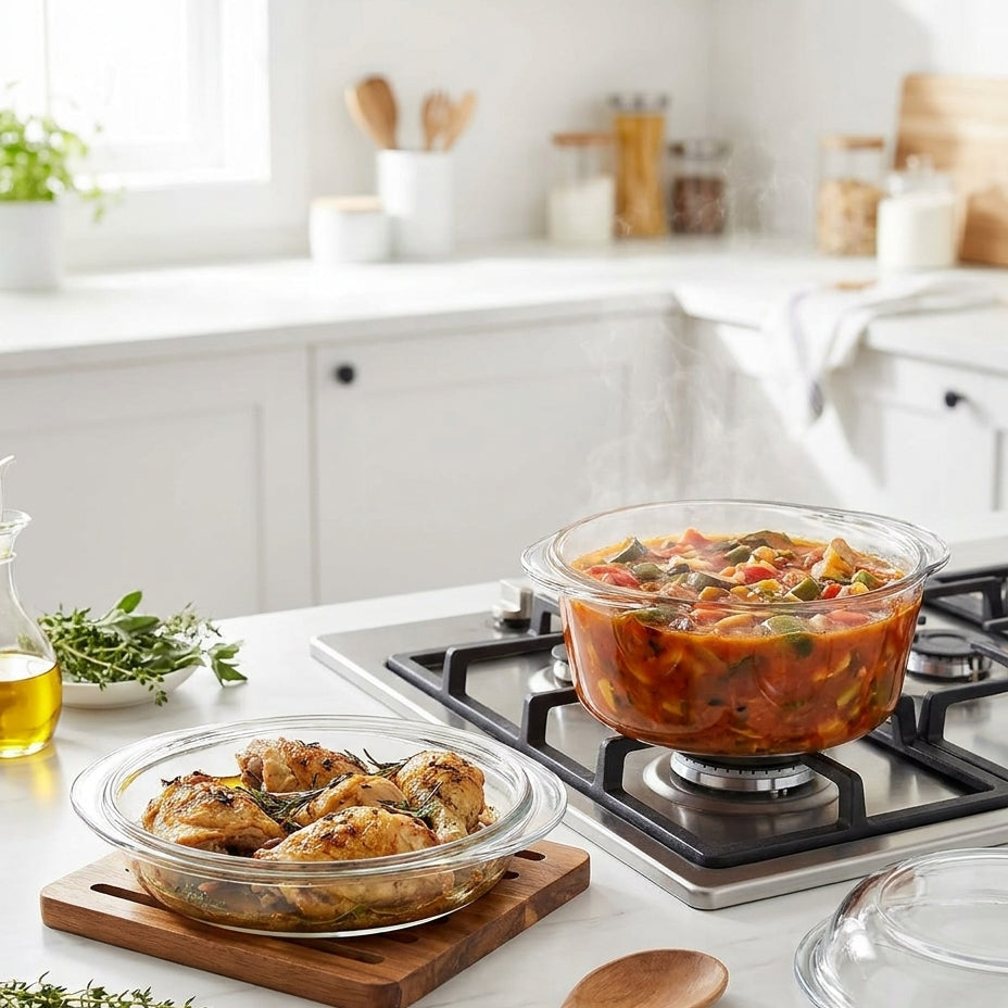 Two glass bowls with food on a kitchen counter with a stove in the background