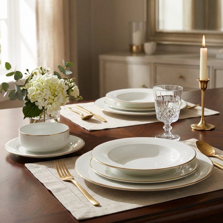 Elegant dining table setting with white dishes, gold cutlery, and a candle.