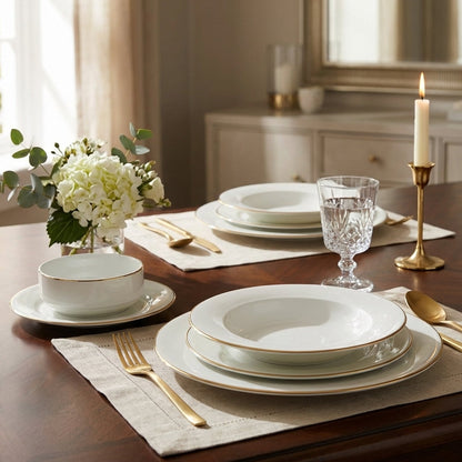 Elegant dining table setting with white dishes, gold cutlery, and a candle.