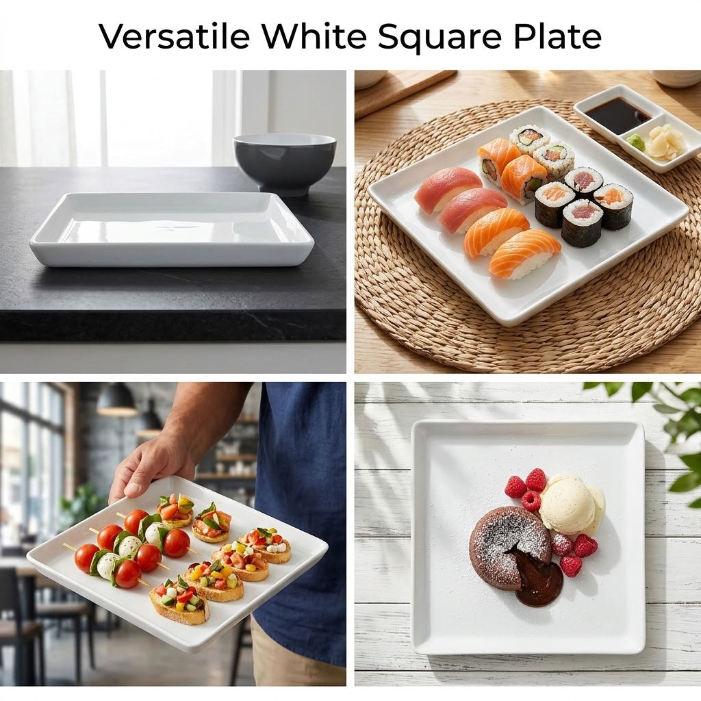 A collage showing a versatile white square plate in four lifestyle and product views. The top-left panel shows the empty white plate on a dark countertop with a small dark bowl behind it.