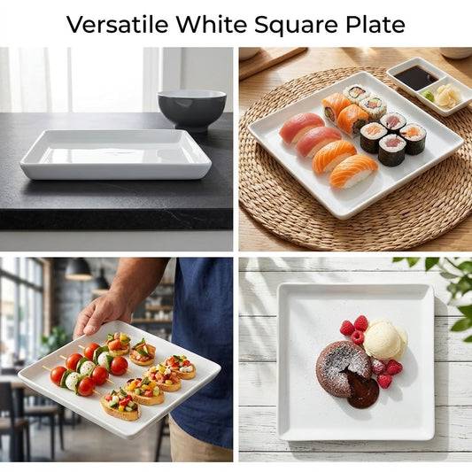 A collage showing a versatile white square plate in four lifestyle and product views. The top-left panel shows the empty white plate on a dark countertop with a small dark bowl behind it.