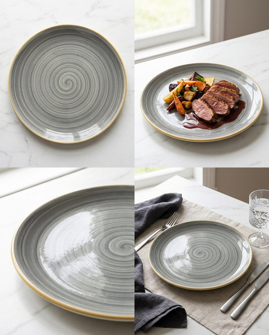 A 2x2 collage showing a round ceramic plate from multiple angles. The plate has a textured gray spiral pattern and a gold-toned rim, shown empty and styled with food, silverware, a napkin, and a glass on a light marble table near a window.