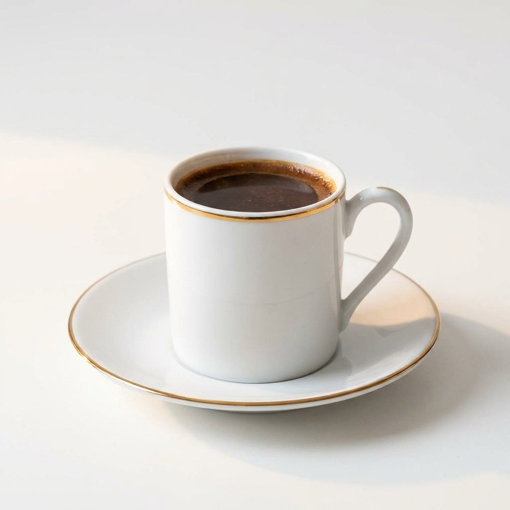 White coffee cup with gold rim on a matching saucer against a light background