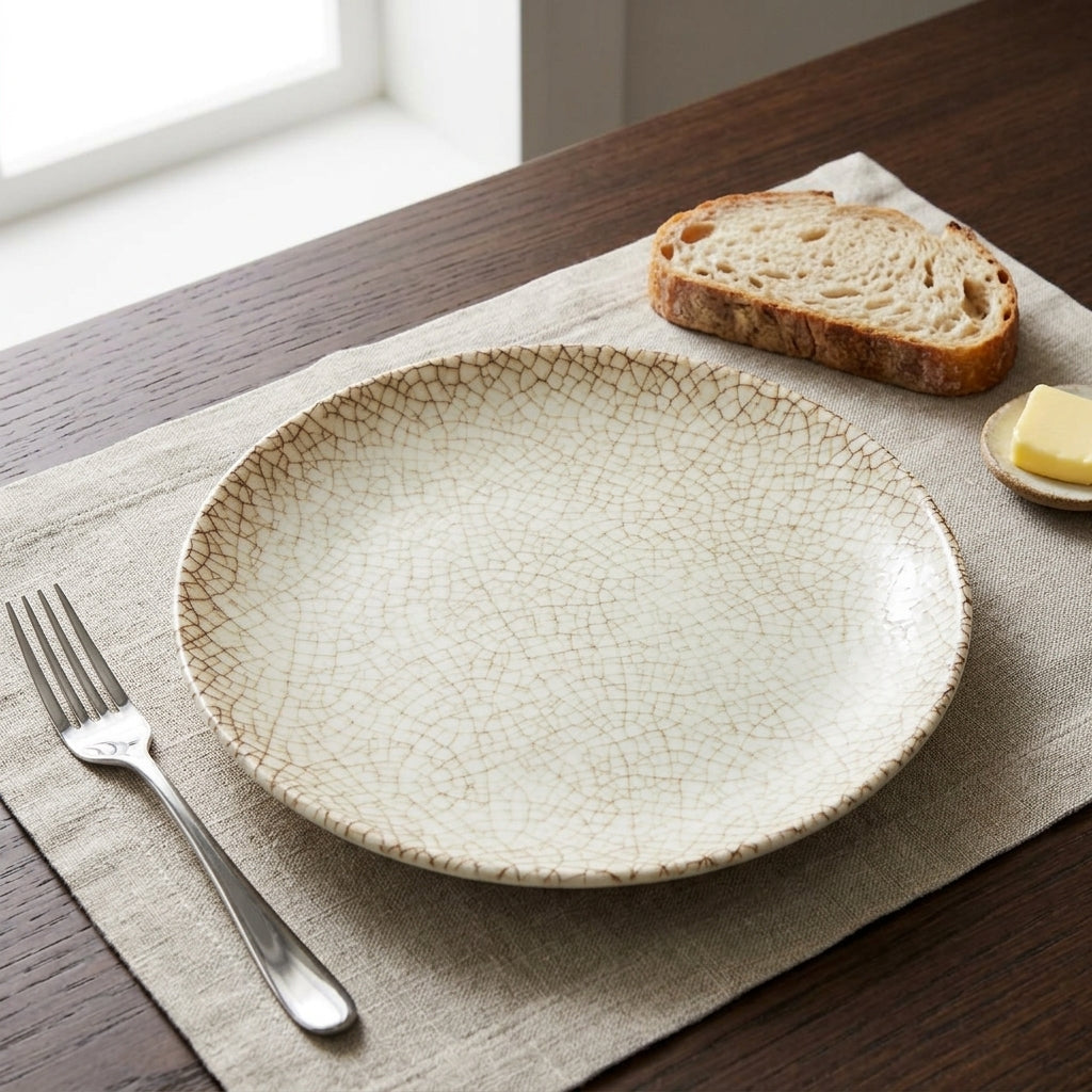 A round ceramic plate with a crackle glaze pattern in beige and brown, styled on a linen placemat on a dark wooden table with a slice of bread, butter, and a fork.