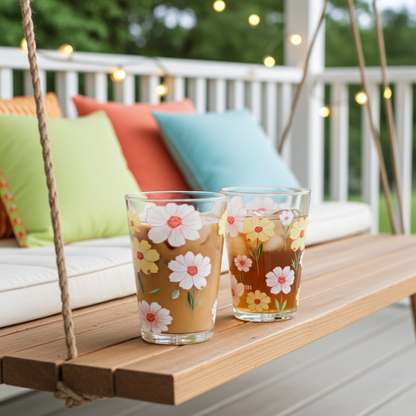 Two floral glasses with iced drinks on a wooden swing with colorful cushions.