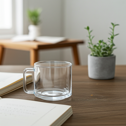 Clear glass mug on a wooden table with a blurred background of a plant and books.