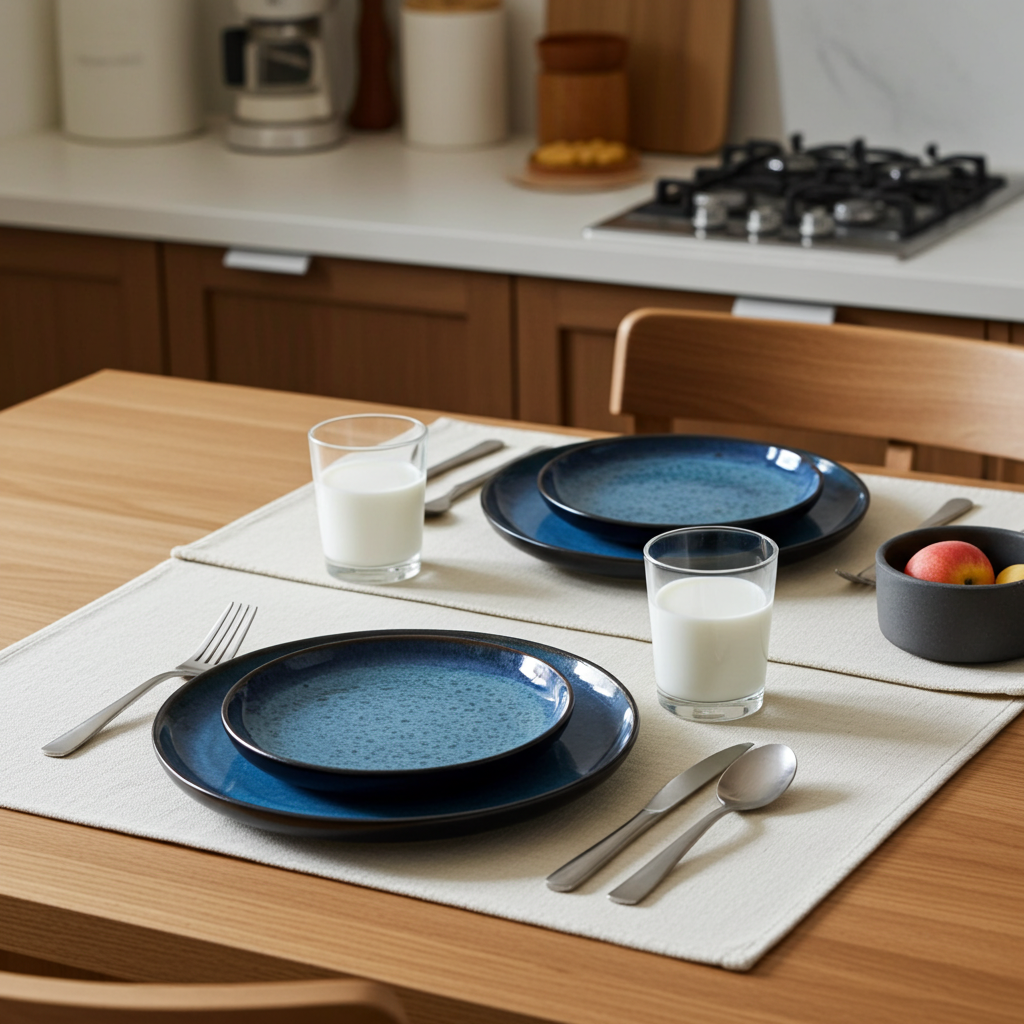 Dining table set with blue plates, glasses, and cutlery in a kitchen.