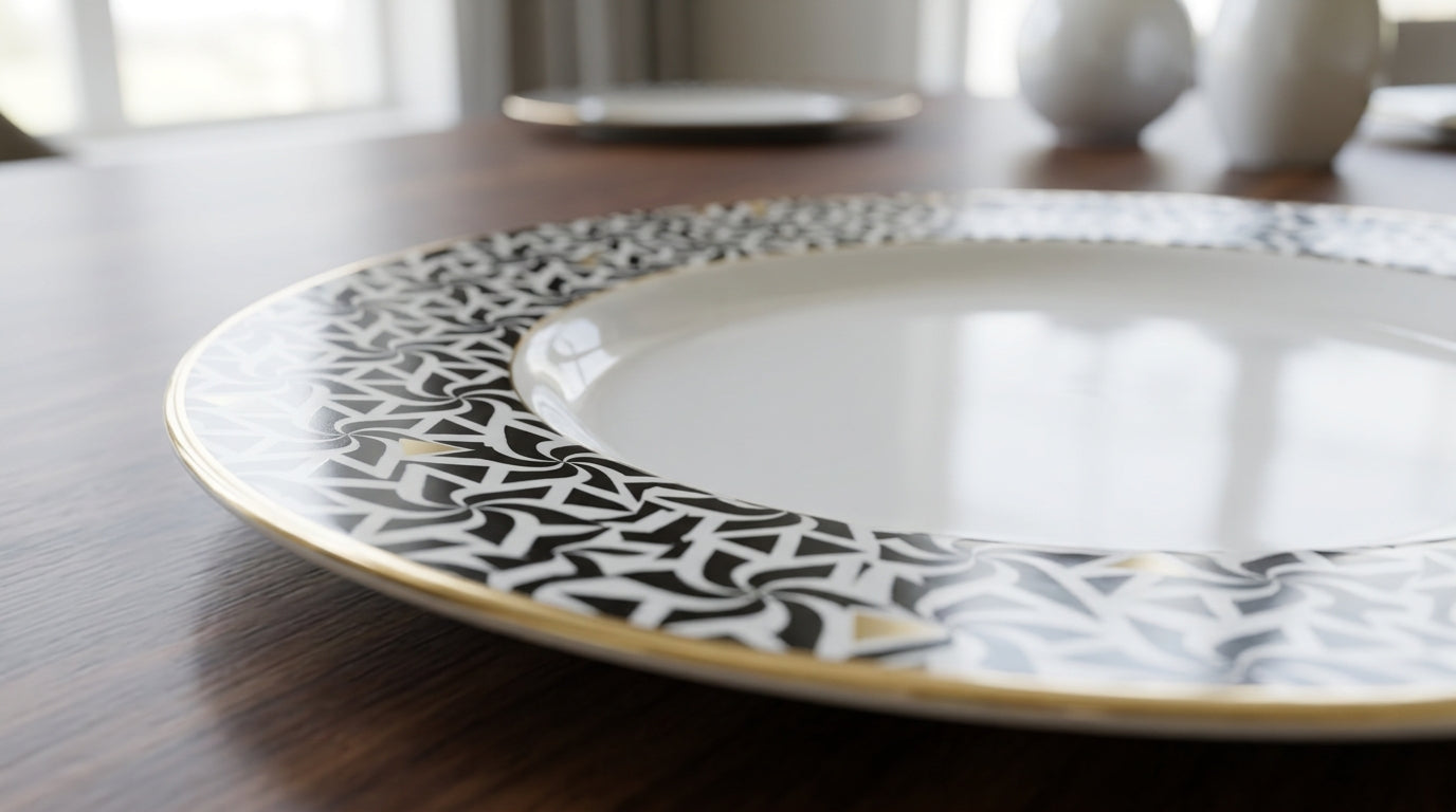 Decorative plate with black and white pattern on a wooden table