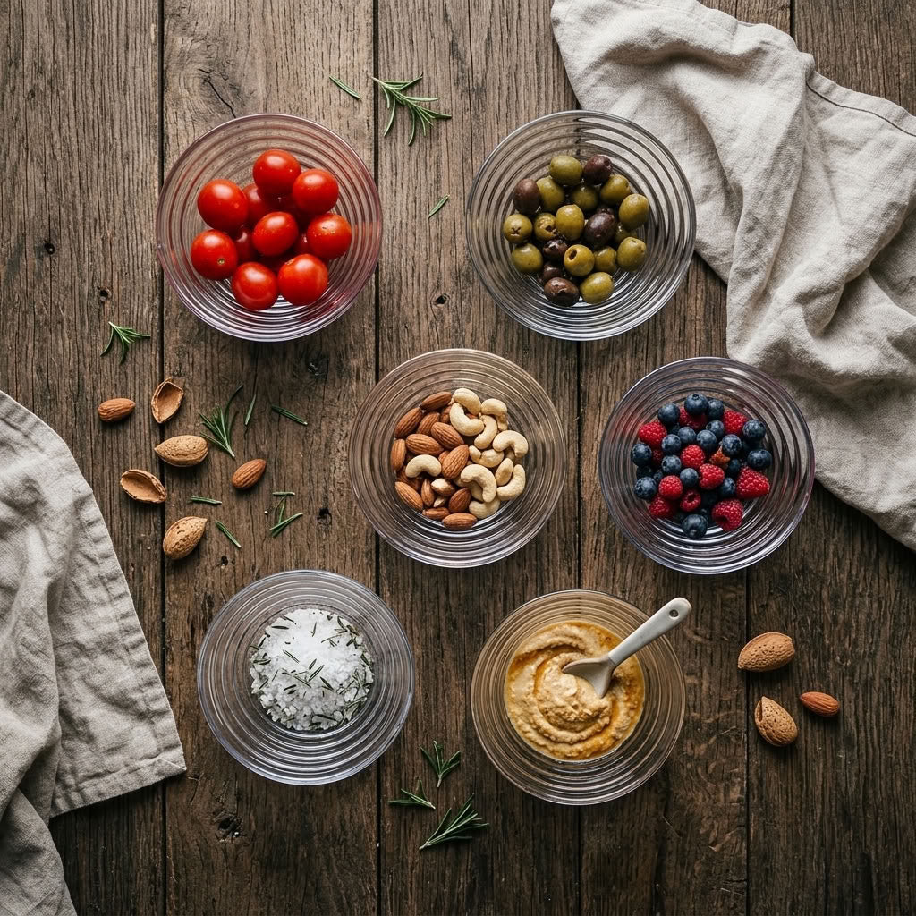 An overhead flat-lay of six clear glass bowls filled with food on a rustic wooden table: cherry tomatoes, olives, almonds, mixed berries, a white crumb topping, and a spoonful of orange dip. A white cloth napkin and scattered almonds and rosemary are arranged around the bowls.