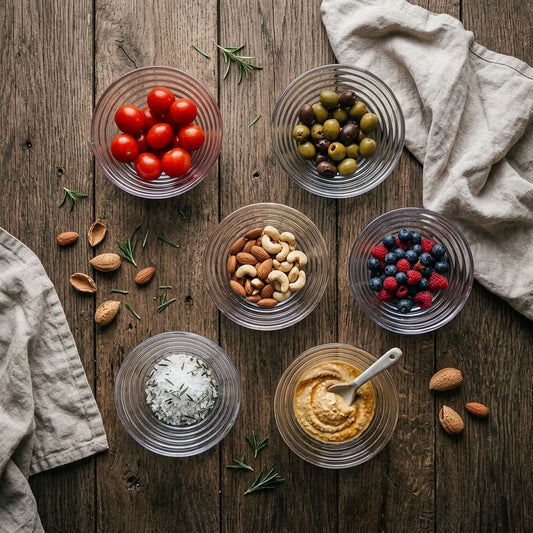 An overhead flat-lay of six clear glass bowls filled with food on a rustic wooden table: cherry tomatoes, olives, almonds, mixed berries, a white crumb topping, and a spoonful of orange dip. A white cloth napkin and scattered almonds and rosemary are arranged around the bowls.