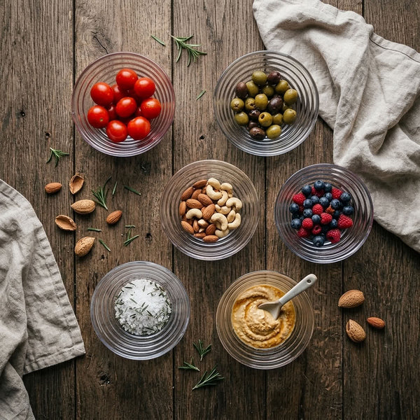 An overhead flat-lay of six clear glass bowls filled with food on a rustic wooden table: cherry tomatoes, olives, almonds, mixed berries, a white crumb topping, and a spoonful of orange dip. A white cloth napkin and scattered almonds and rosemary are arranged around the bowls.