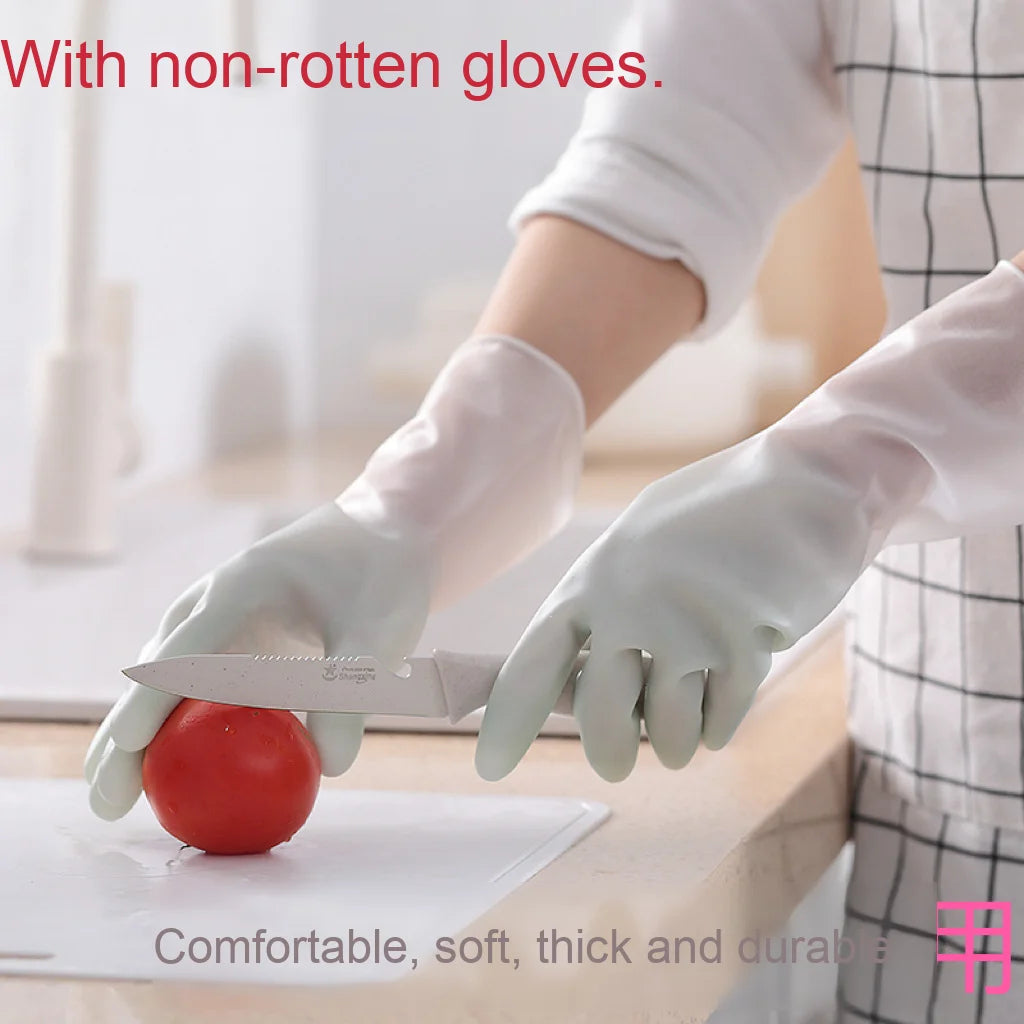 Person wearing white gloves cutting a tomato with text about the gloves' comfort and durability.