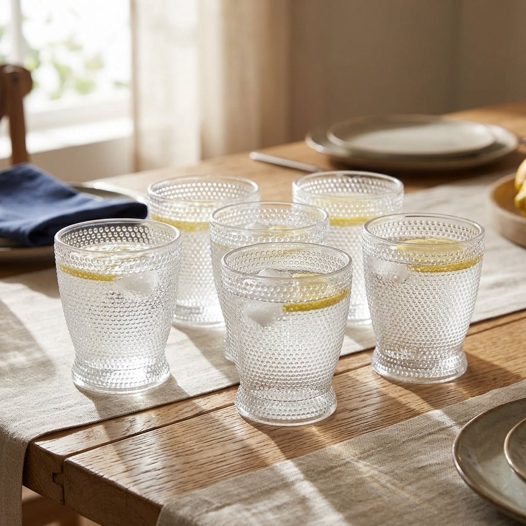 Five clear textured glass tumblers with a dimpled honeycomb pattern, filled with lemon slices and ice, arranged on a rustic wooden dining table with table linens and plates in a softly lit room.