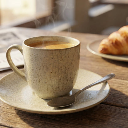 Cup of coffee on a saucer with a croissant and newspaper in the background on a wooden table.